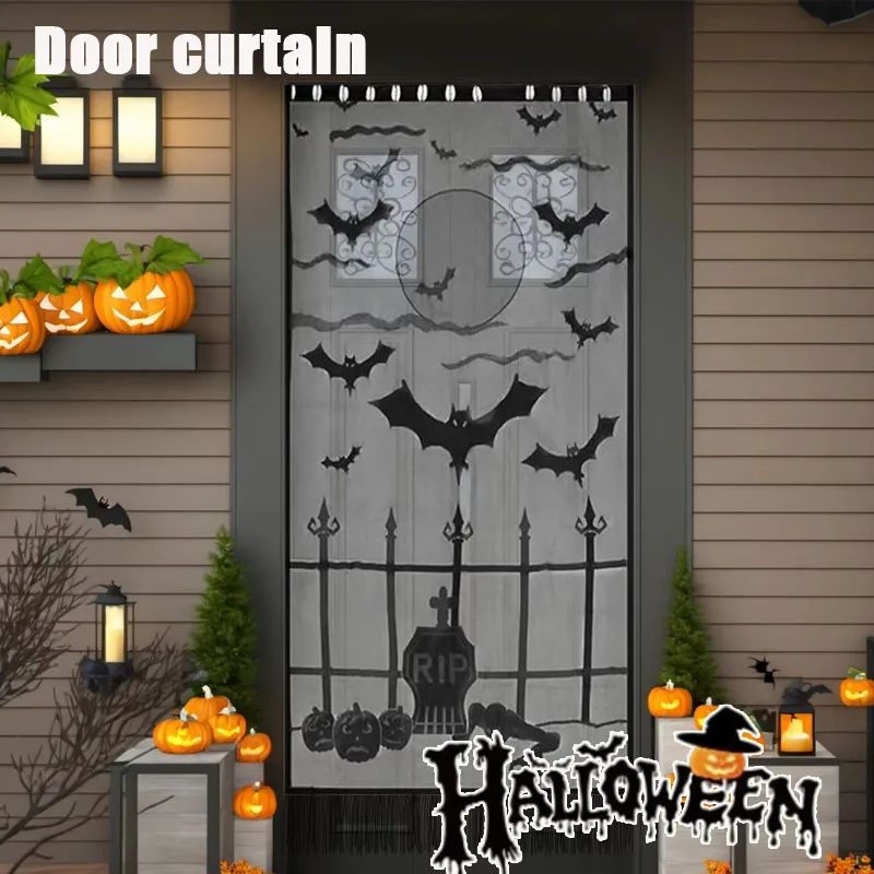 1-4PCS Black Lace Halloween Window Curtain Skull Witch Print Spider Web Door Drape Spooky Gothic Decor for Home Office Party