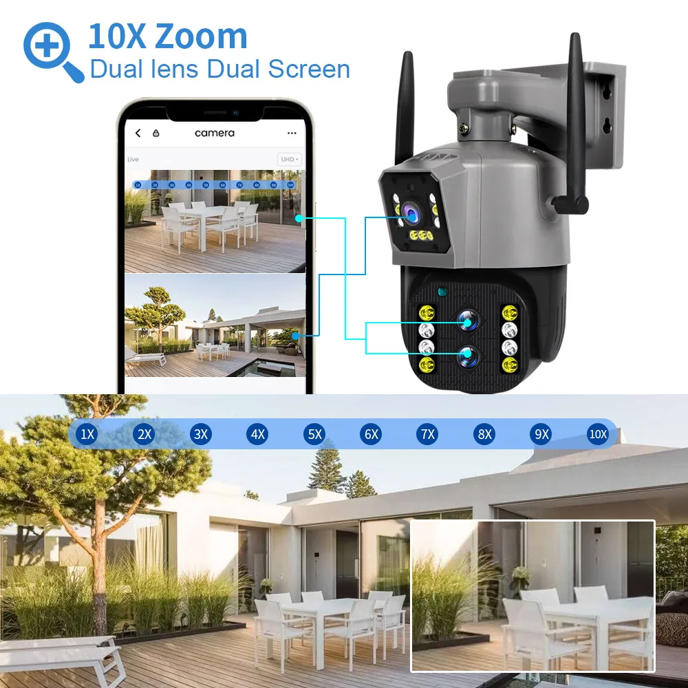 8MP 4K Wifi Camera Wireless Outdoor PTZ Color Night Vision Dual Lens Home Security Survalance 10X Optical Zoom CCTV IP Camera