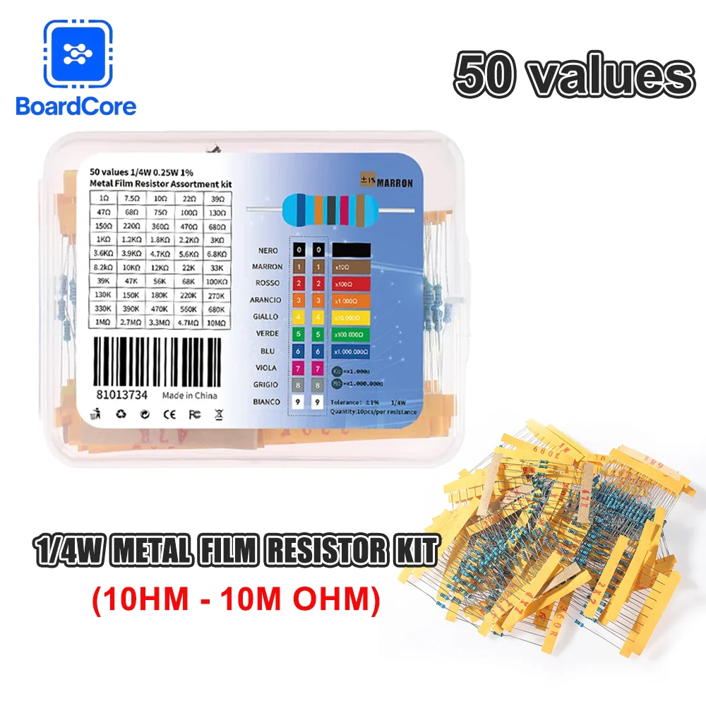 

500Pcs 50 Values 1/4W Metal Film Resistors Kit 1Ω-1MΩ ±1% 0.25W Precision Resistance for Electronics Repair & DIY Projects