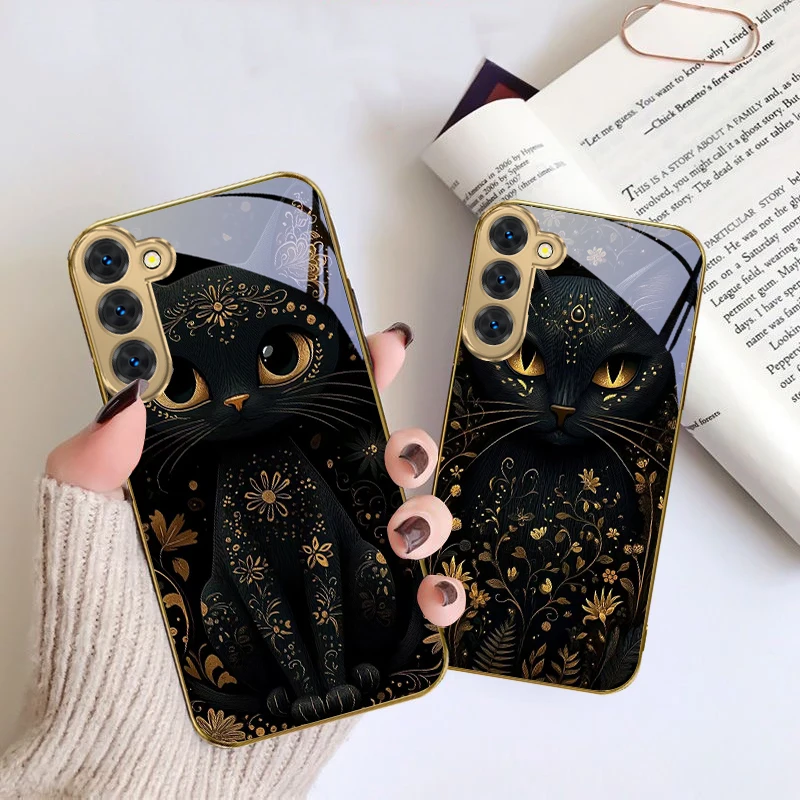 삼성 갤럭시 S20 FE S21 S22 S23 플러스 S24 울트라 S25울트라 S21+ S9+ S22플러스 골든 글래스 폰 케이스용 환상적인 검은 고양이