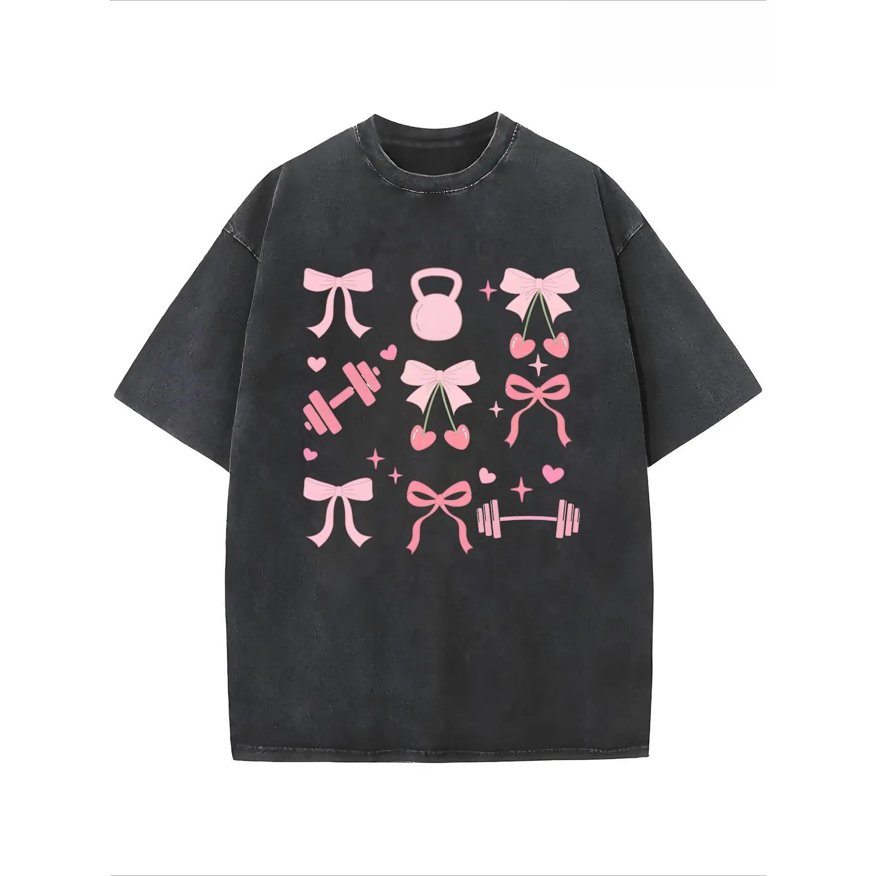 

Kawaii Gym T-Shirt,Women's Cute Bows & Dumbbell Print Tee, Washed Oversized Fitness Graphic Top, Coquette Aesthetic Workout Wear
