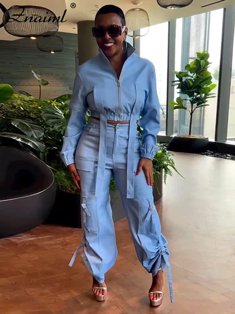 Znaiml Safari Style Streetwear Women Two 2-częściowy zestaw z długim rękawem i zamkiem błyskawicznym Top i spodnie Cargo z wieloma kieszeniami Dopasowane stroje