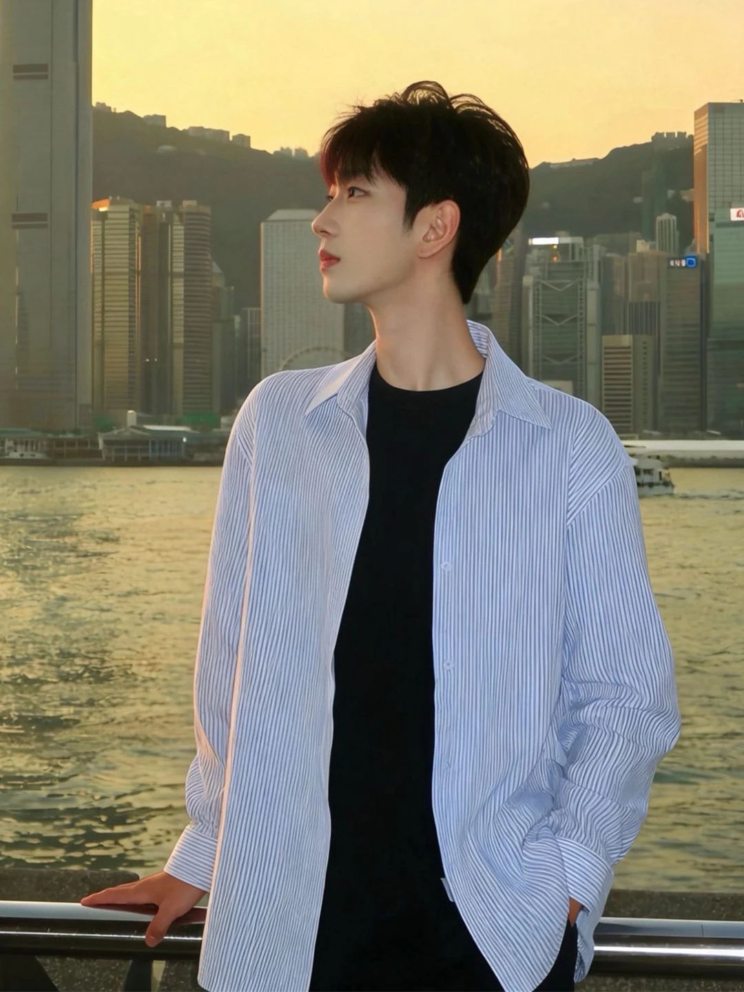 

Blue Striped Long Sve Men's irt Spring Youthful Fold Collar Thin Outerwear Cleanfit High End Feeling Loose Fit Casual irt