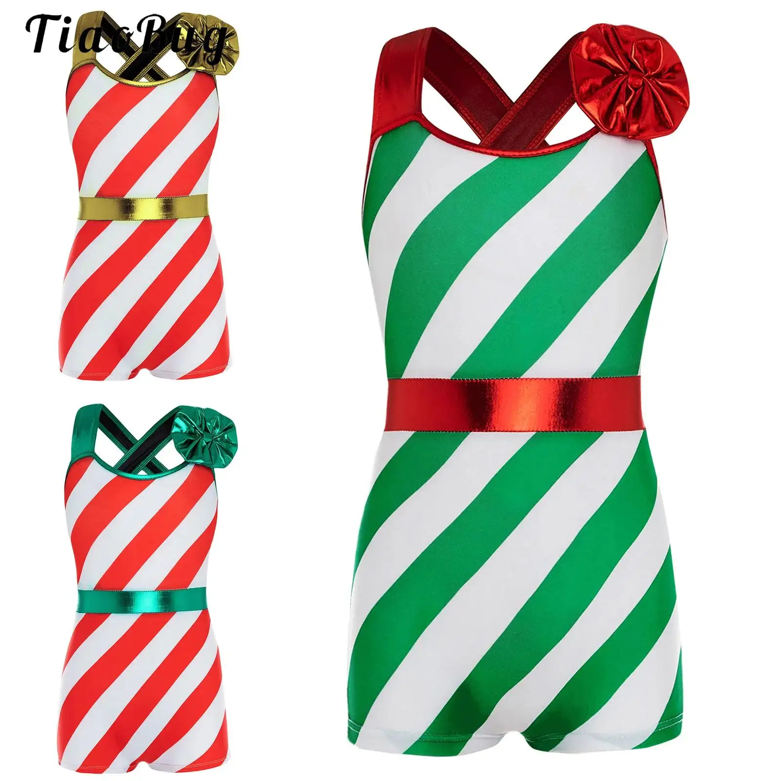 

Kids Girl Candy Cane Striped Christmas Costume Xmas Santa Elf One Piece Criss Cross Back Tank Unitard Ballet Gymnastics Bodysuit