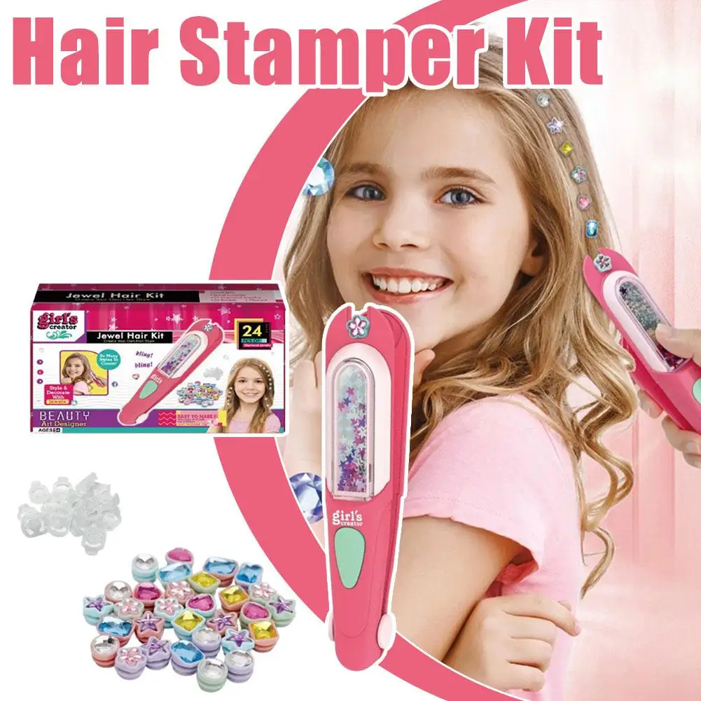 

Girls Hair Decoration Kit Hair Gem Stamper with Reusable Shining Diamonds Bling Jewels DIY Styling Pretend Play Dress Up Toy