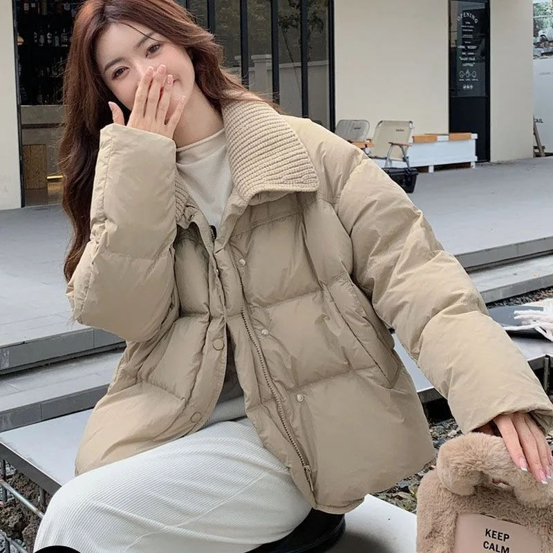 2025 Fall/Winter New Knitted Lapel Patchwork Down Cotton Jacket Short Fashion Lightweight Versatile Padded Jacket