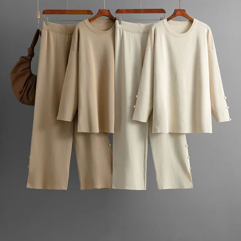 สบายๆหลวมแขนยาวถักเสื้อกันหนาวยาวPullover Elasticเอวกางเกง 2 ชิ้นแฟชั่นชุดฤดูหนาวผู้หญิงชุดB802