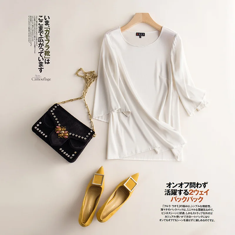 Birdsky, 1PC Women short sleeve blouse T shirt Tee Top office lady 19MM 95% mulberry silk 5% spandex solid BLACK WHITE. S-353