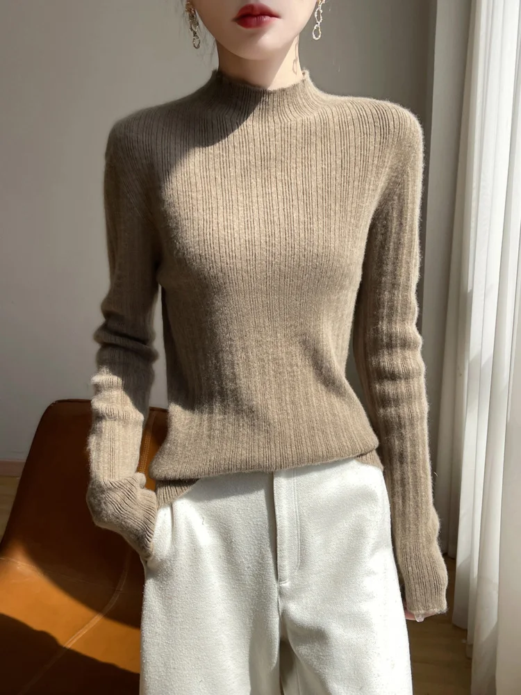 

New Women's 30% Merino Wool Sweater Autumn Winter Knitwear Mock Neck Pullover Lady Blouse Slim Long Sleeve Clothes Cashmere Tops