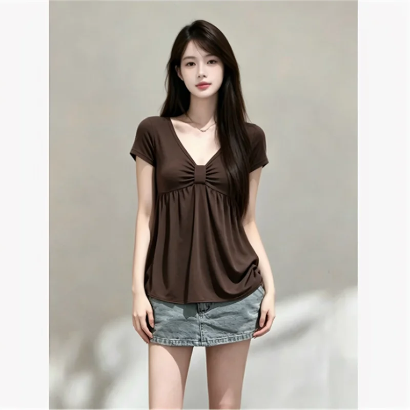 Slim Fit V-Neck Pleated Short Sleeve T-Shirt Women Summer Elegant Loose Weight-Loss Base Shirt Daily Wear Polyester Fabric