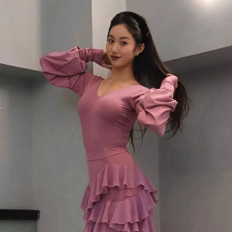 새로운 볼룸 댄스 의상 핑크 슬릿 긴 소매 레오타드 연습 탑 왈츠 댄스 연습복 룸바 라틴 살사 탑 BL18291