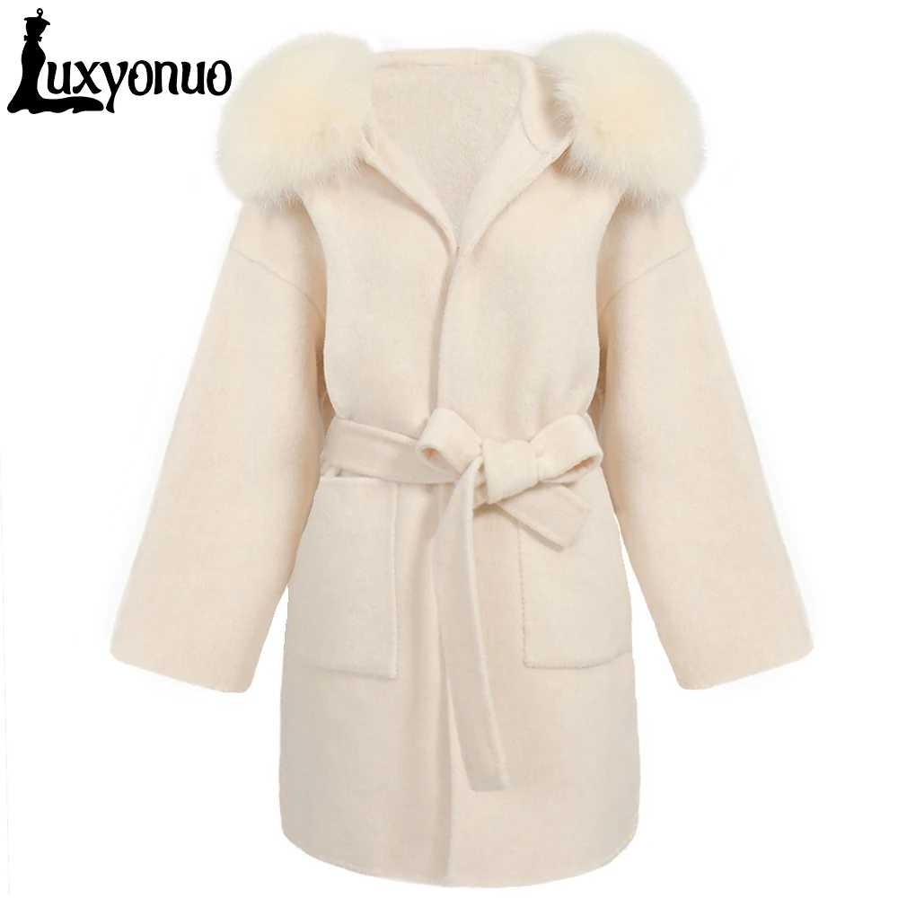 

Luxyonuo 2022 Oversize Loose Cashmere Wool Blends Real Fur Coat Winter Jacket Women Natural Fox Fur Collar Hood Outerwear Belt