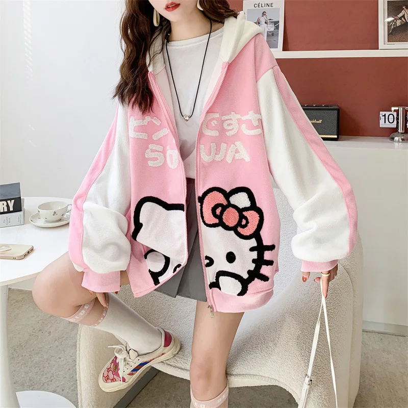 Sanurgente-Sweat à capuche zippé Hello Kitty pour femme, manteau cardigan, streetwear, sweat-shirt, pull en peluche, vêtements pour filles