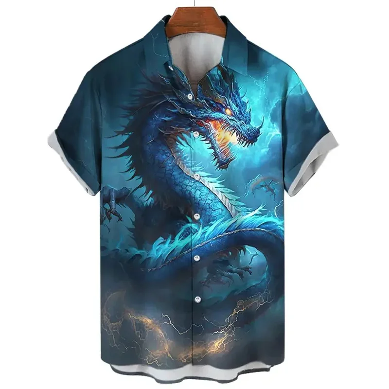 Dragon Pattern Hawaiian Shirt For Men Exquisite 3D Print Short Sleeve Blouse Street Casual Beach Lapel Tops Loose Aloha Shirts