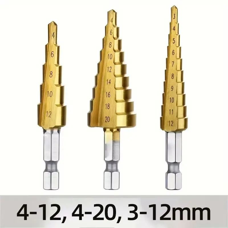 3-12mm 4-12mm 4-20mm Hss Step Drill Bit,Straight Groove DrillTitanium Coated Metal Driller,Drilling Tools Set