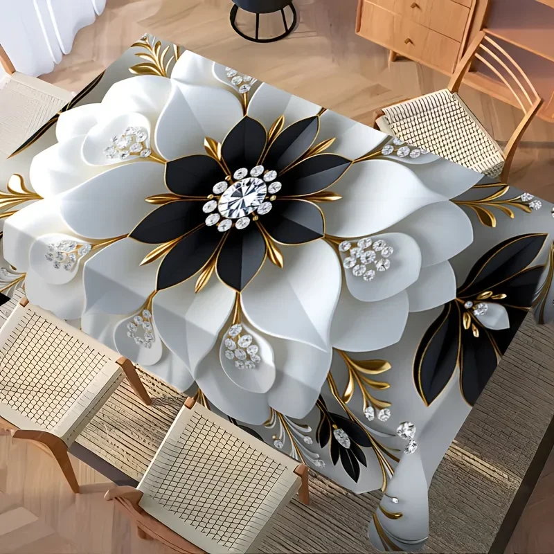 1 Stück luxuriöse schwarz-goldene Tischdecke mit Blumenmuster, rechteckige Tischdecke aus bedrucktem Polyester.PMJ – Detail 6