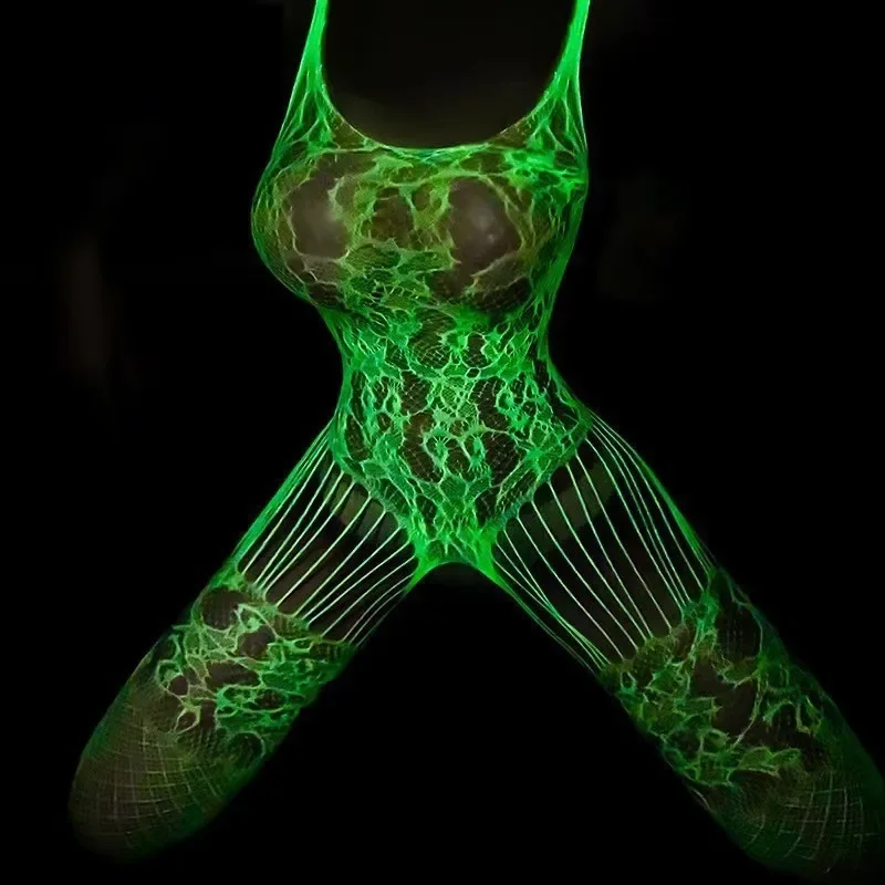 Sexy Glow Fishnet Bodysuit Women Sexy Lingerie Outfit Open Crotch Bodystockings Underwear Party Club Luminous Pole Dance Costume