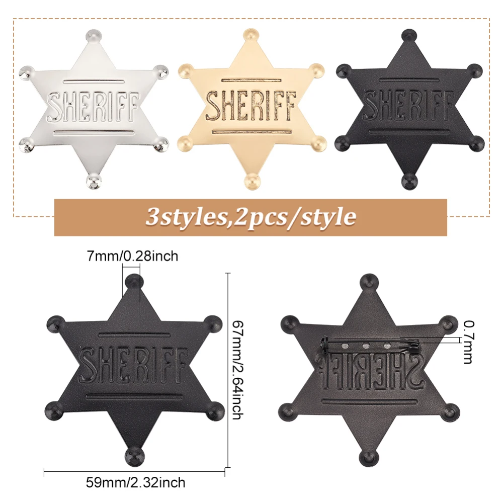 6 Stuks Western Sheriff Badge Metalen Hexagram Sheriff Broche (2.32X2.64Inch) Gouden Ster Met Woord Sheriff Pin Vintage Reversspeldjes