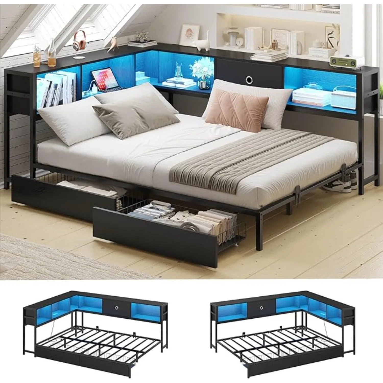 Corner Bed Frame Full Size with Bookcase & 2 Underbed Drawers with LED Light & Charging Station,Daybed Reversible Left or Right