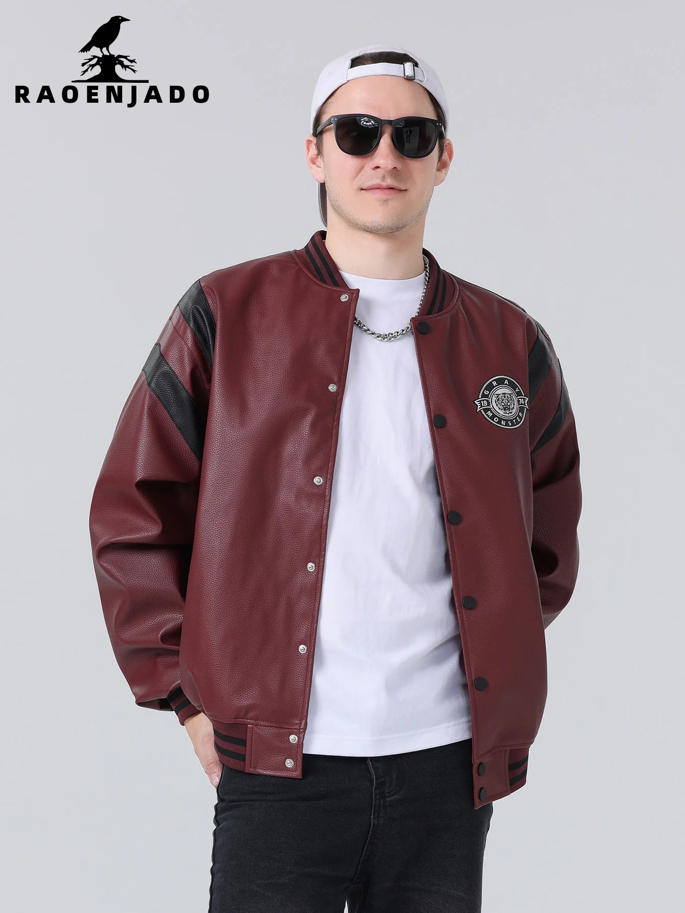 

Men's Faux Leather Jacket Spring & Autumn Windproof Warm Baseball Coat Loose Simplicity Striped Design Motorcycle Outerwear