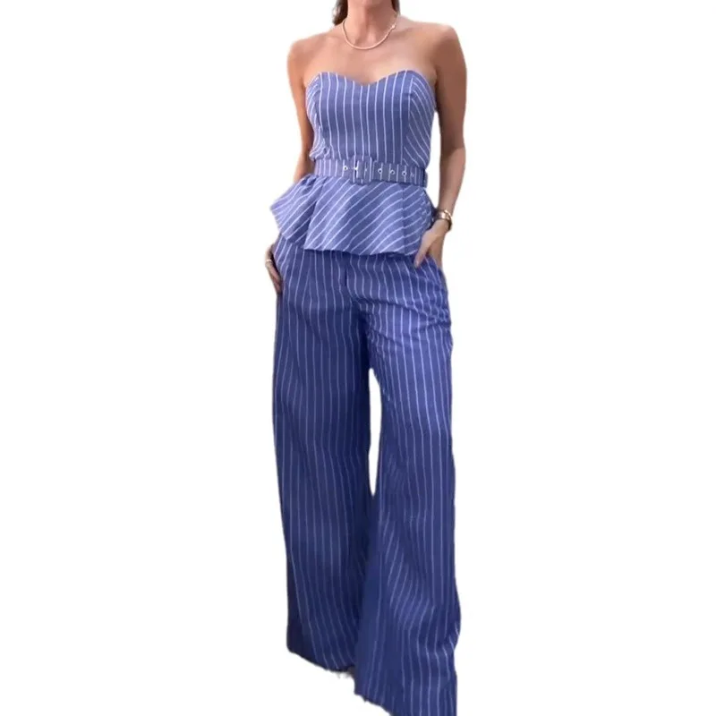 Two Piece Set Women Strapless Tops Sleeveless High Waist Striped Splice Wide Leg Trousers Belt Casual Loose Fit Spring