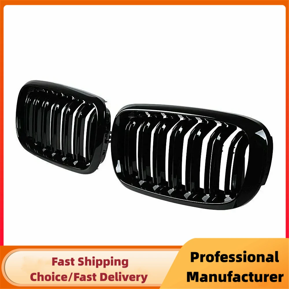 Car Front Kidney Double Slat Grille For BMW F15 F16 X5 X6 F85 F86 X5M X6M 2014-2018 1 Pair Glossy Black Racing Grill