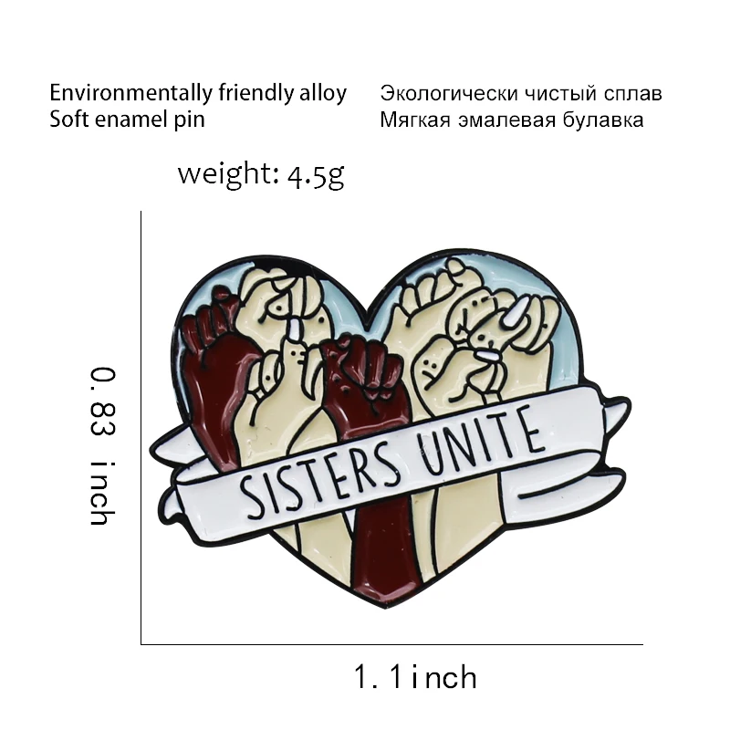 SISTERS UNITE Brooches Heart-shaped power All races unite Brooch  Enamel Pin Best friend Banner Metal Jewelry Gift