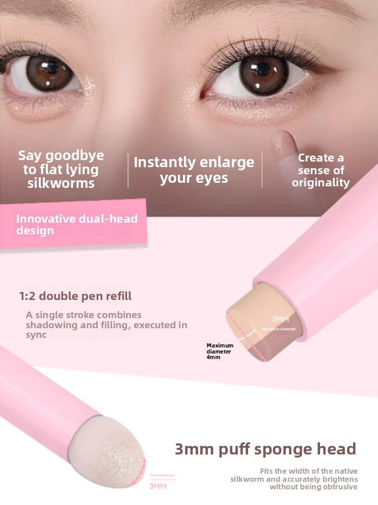 DIJIA Caneta de bicho-da-seda de duas cabeças de uso duplo para delinear sombras rosa destaque iluminar maquiagem dos olhos