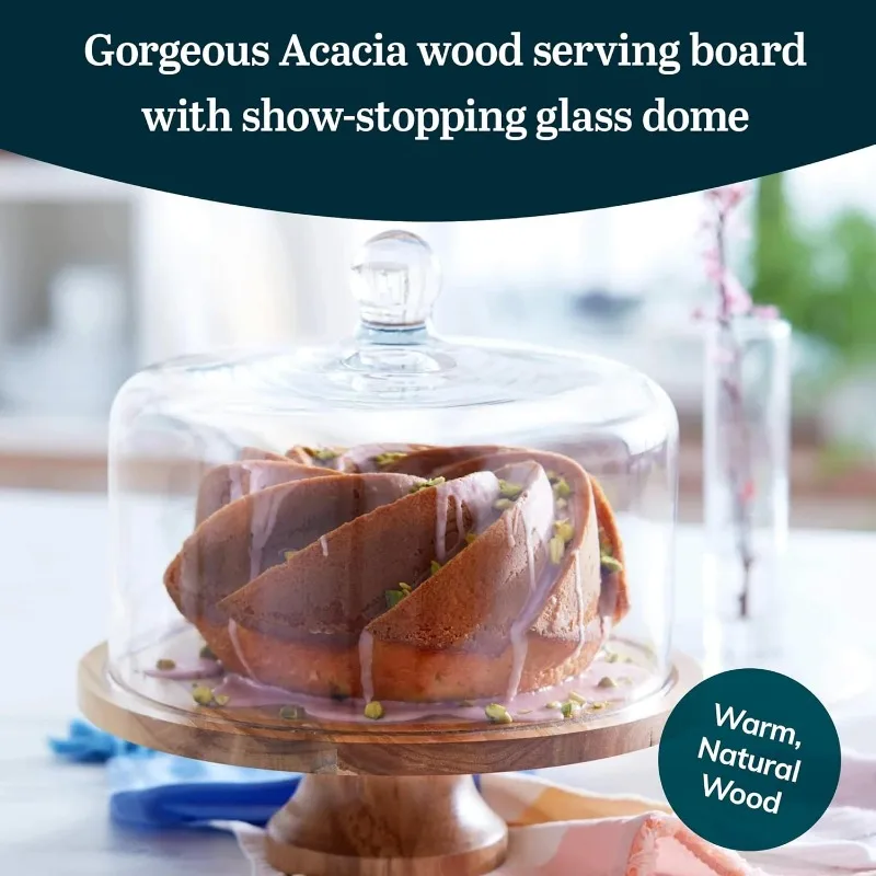 Acacia Wood Cake Stand with Lid, Footed Round Cake Container, Ball Top Handle Covered Cake Stand, Durable Glass Dome Cover