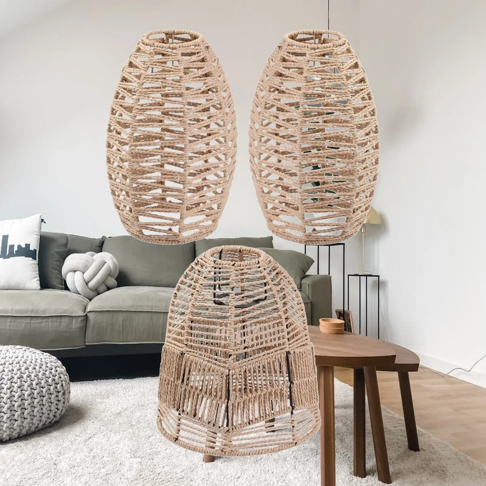 3x Boho Wicker Woven Pendant Lamp Shade Cover Lampshade for Living Room