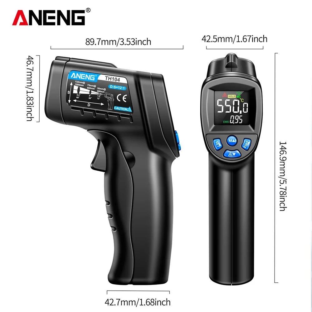 Ręczny pistolet temperaturowy na podczerwień ANENG TH104 -50~550 ℃   Termometr z czujnikiem laserowym na podczerwień Kamera termowizyjna VA Ekran