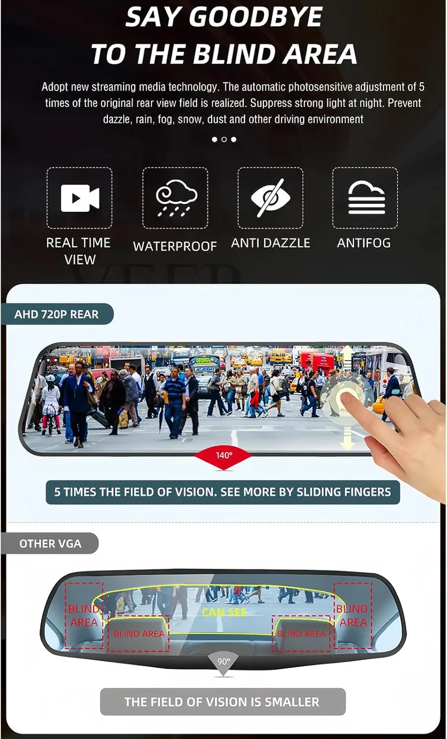 DashCam con Espejo Pantalla Táctil 10 " Vidrio 2.5D para Auto، Dash Camara para Coche Delantera y Trasera، Retrovisor con Camara