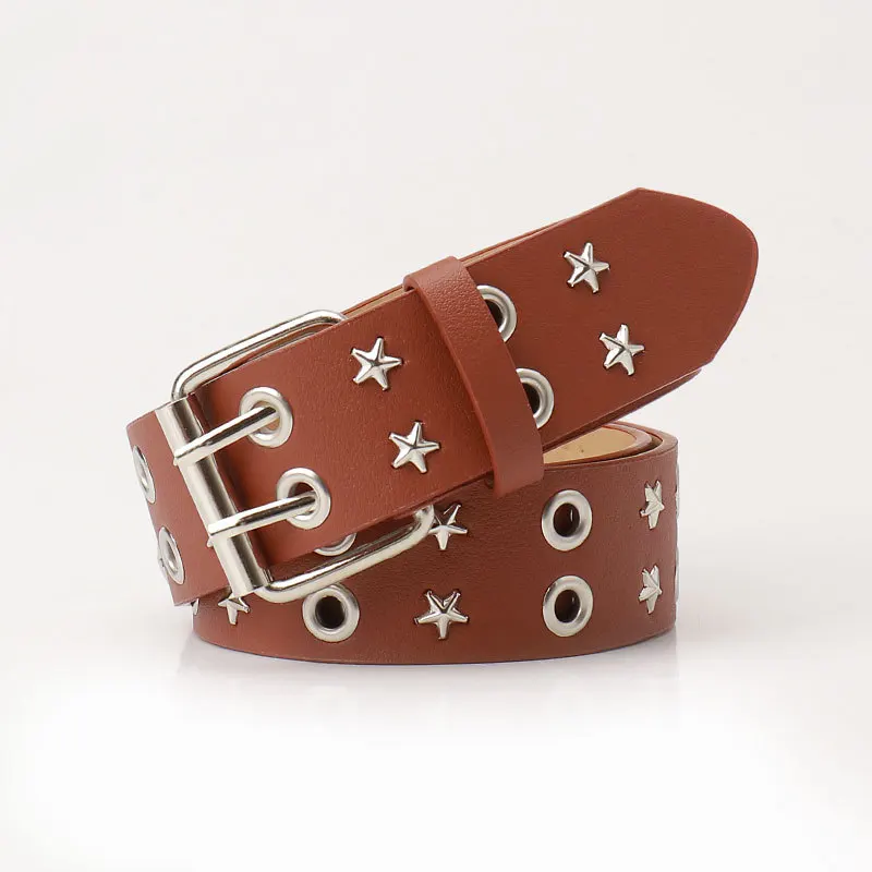 Women y2k Star Eye Rivet Belt Double Row Hole Belt Punk Waist Strap Hollow Out PU Leather Jeans Decorative Fashion Waistband