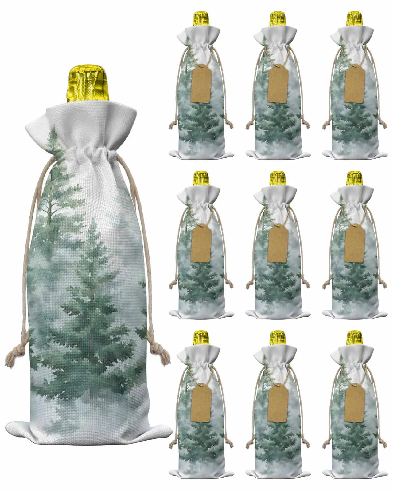 

10pcs Wine Bottle Covers Watercolor Forest Tree Wine Holder Carrier Packaging Bag Wedding Party Decor Gift