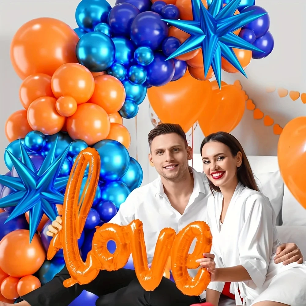 مجموعة قوس بالون أزرق برتقالي مكونة من 130 قطعة مناسبة لموضوع الفضاء الخارجي وحفلات أعياد الميلاد وحفلات التخرج والديكور اليومي