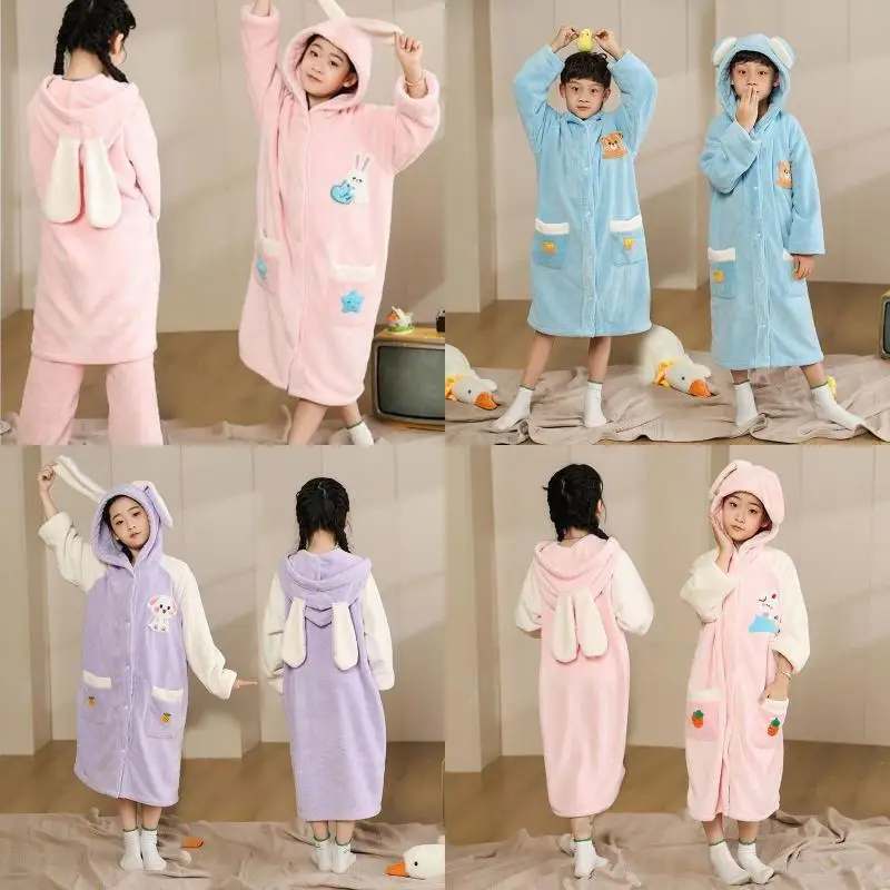 Skin Friendly Soft Kids Hooded Bathrobe Coral Fleece Quick Dry Can Wear Boy Girl Bath Towel Kawaii Parentchild Bath Clothes Gift