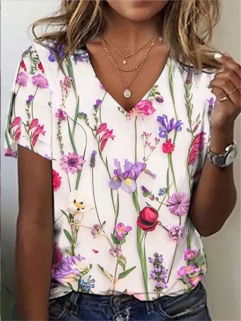 2024 new Fashion T-Shirt Women\'s Floral Print Y2k Casual V-Neck Short Sleeve Tees Loose Retro Versatile Female Clothing Top