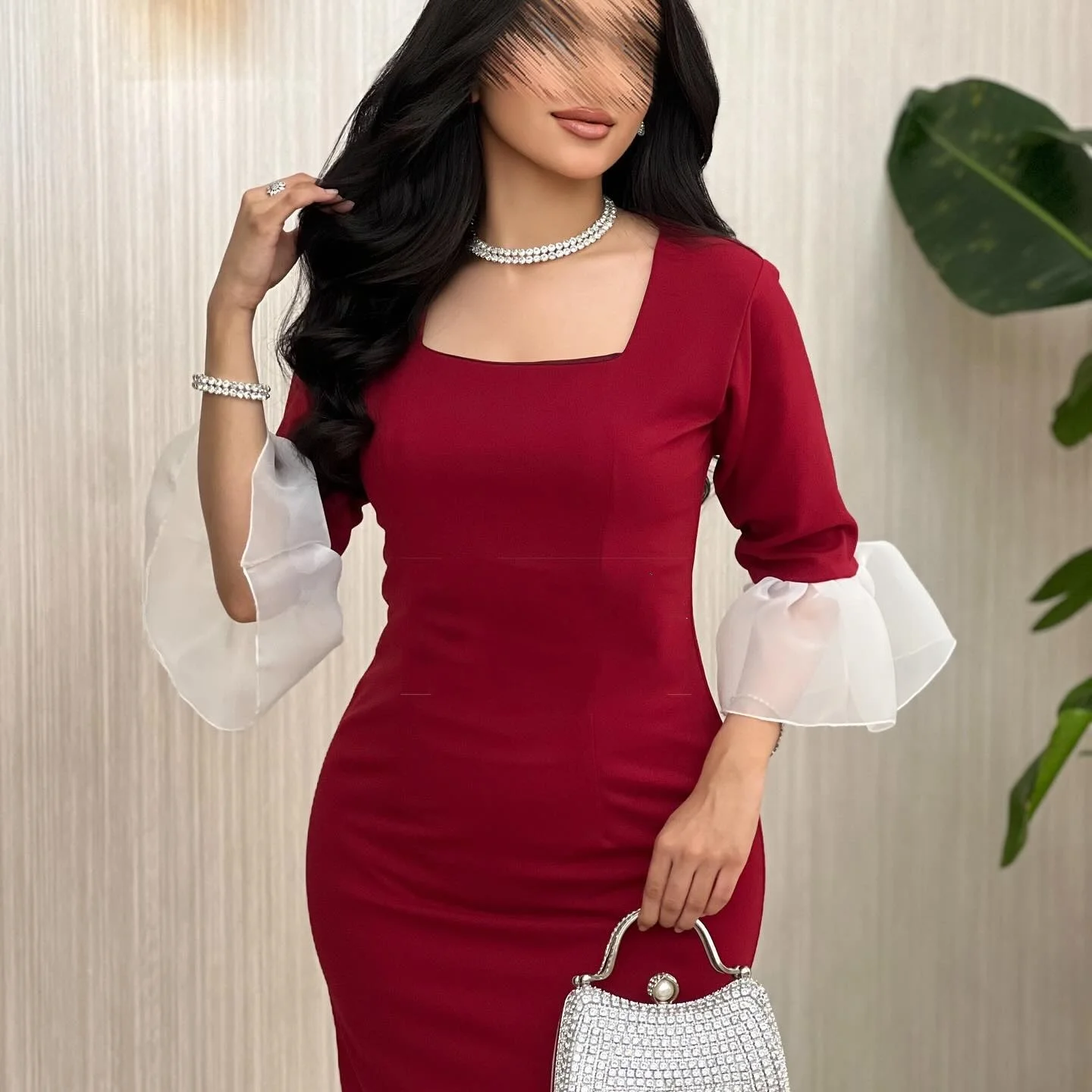 Customized Sizes Available Modern Style Jersey Pleat Ruched Mermaid Square Neck Midi Dresses Bespoke Occasion Dresses Simple