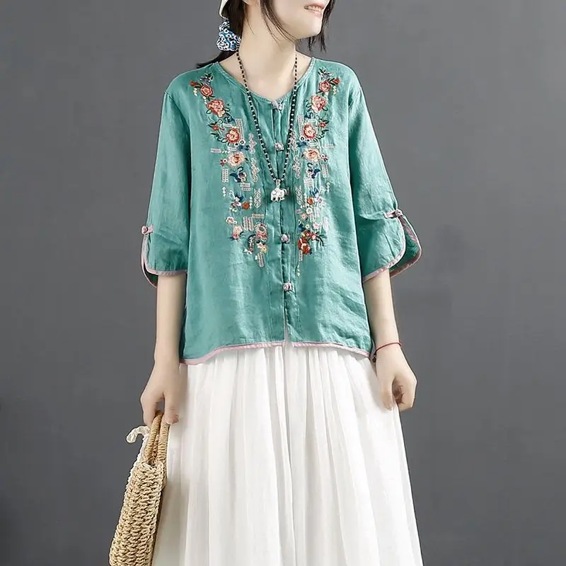 Summer Vintage Women Chinese Style Comfortable Round Neck Casual Frog Colorful Embroidered Loose Cotton and Linen All-match Top