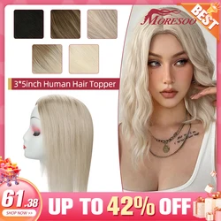 Moresoo Topper Hair Pieces for Women Human Hair Machine Remy Brazilian Hair Natural Straight Blonde #60 3*5Inch Clip in Toupee