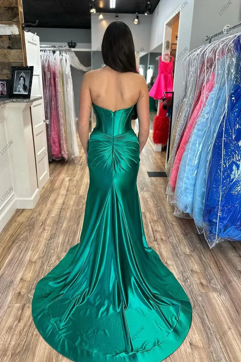 LIYYLHQ Emerald Green Sexy Evening Dresses Mermaid Prom Gowns Side High Slits Sweep Train Robe De Soirée Occassion Formal Dress