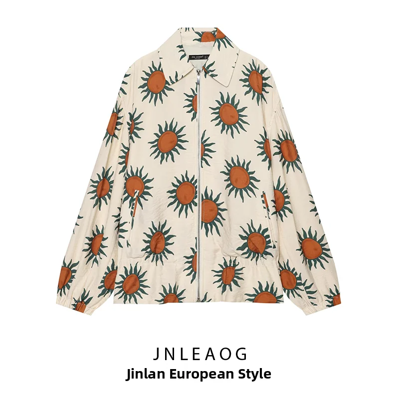 JNLEAOG Fashion Printed Pilot Jacket Women's Outerwear Autumn New Style Standard Fit Zipper Closure Polyester Fiber Coat
