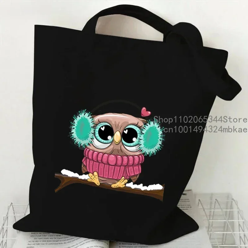 Cartoon Owl  Hand-painted Print Women Handbag Fashion Tote Bag High-capacity Reusable Shopping Bag Kawaii Animal Lady Canvas Bag