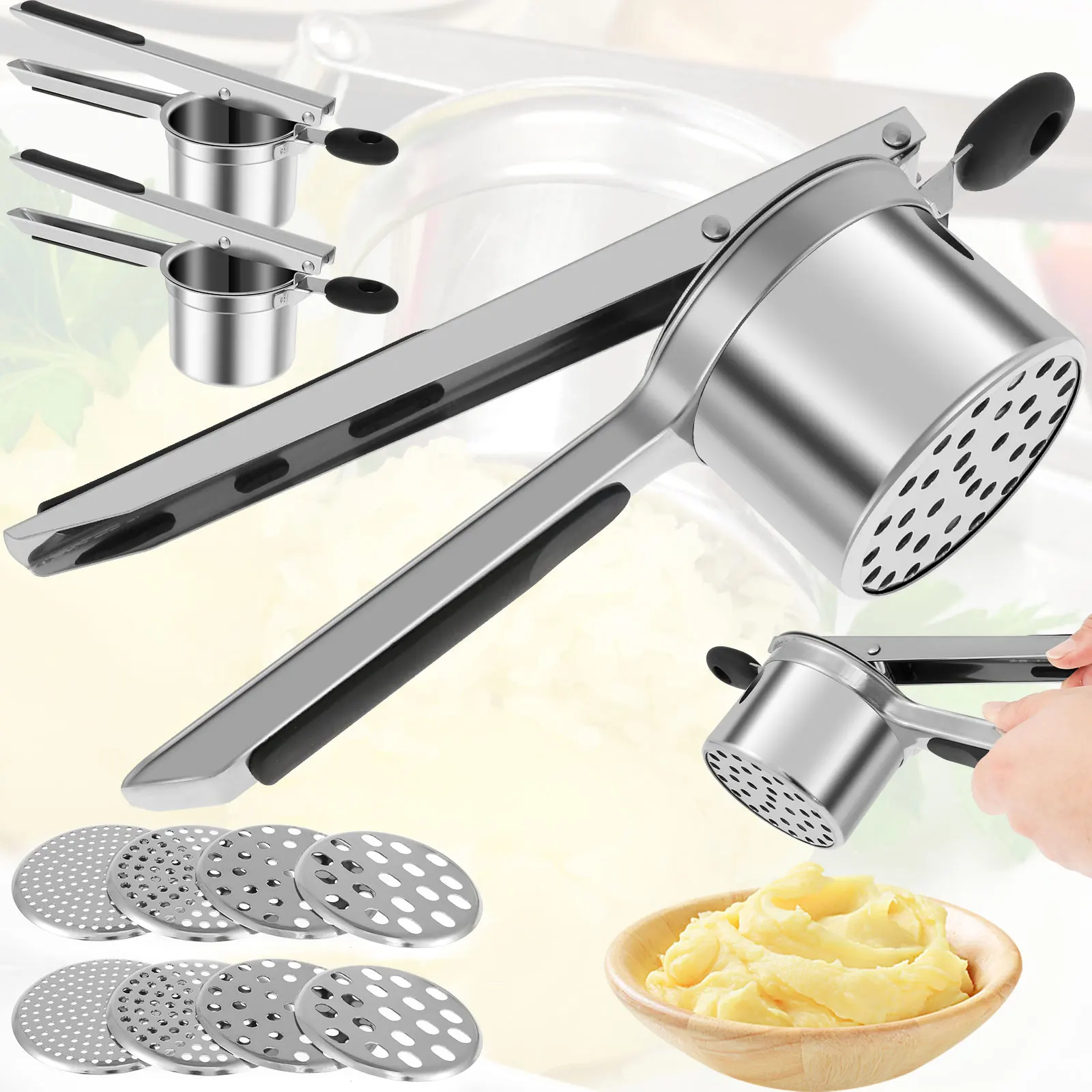 

1/2Pcs Manual Potato Masher Stainless Steel Potato Ricer with 3/4 Replacement Piece Nonslip Potato Masher Kit for Kitchen Gadget