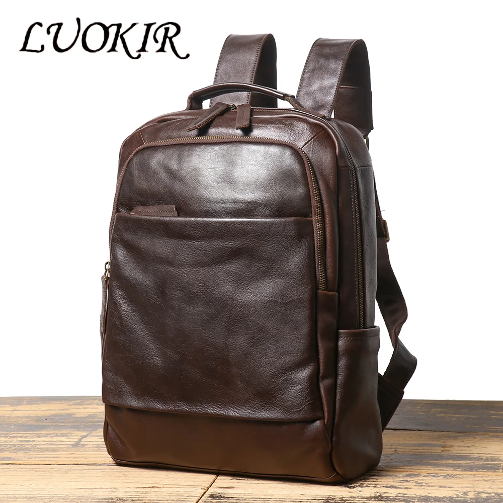 

LUOKIR Men's Genuine Leather Double Shoulder Backpack: Cowhide Fits into Rolling Suitcase Travel Bag Large Capacity Laptop Ba