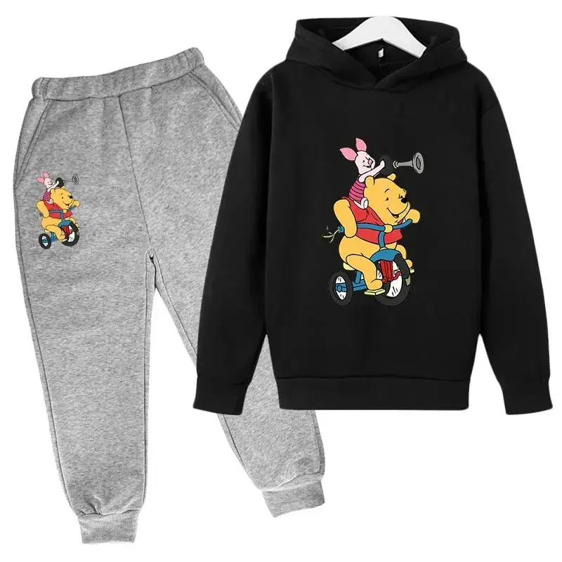 Disney Pooh Winnie Bear Hoodies Set Autumn Children Cartoon Hoodies Tops+Long Pants 2PCS Suit Kids Winnie-the-Pooh Outfits