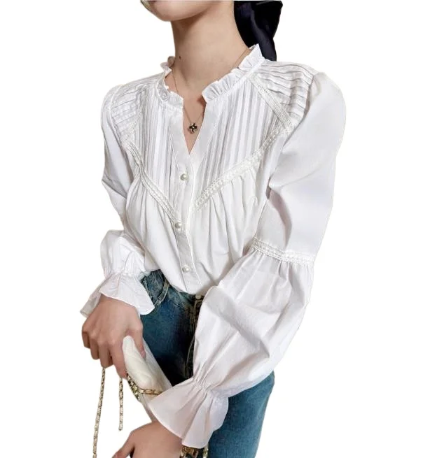 

Белые рубашки с расклешенными рукавами, женская блузка свободного покроя во французском стиле с v-образным вырезом и длинными рукавами