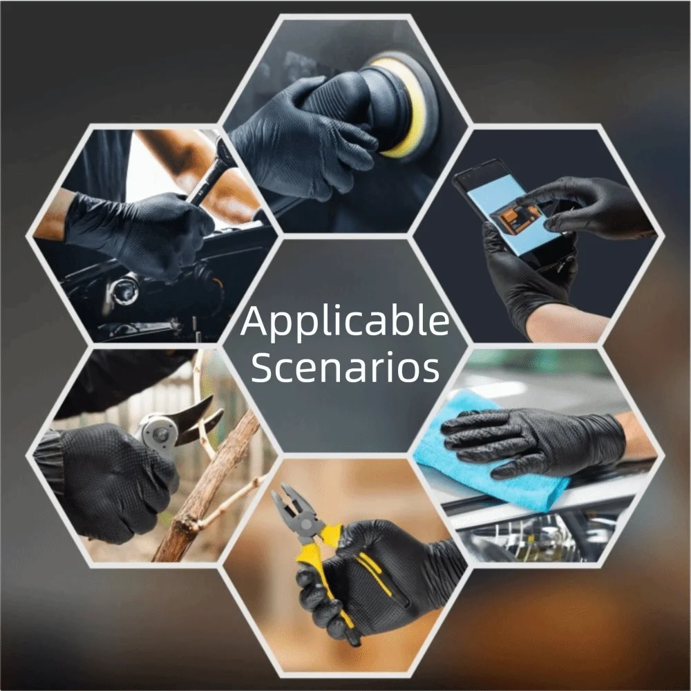 Black Color Nitrile Gloves Latex Free Diamond Textured Disposable Gloves Raised Texture Industrial Gloves Safety Gloves