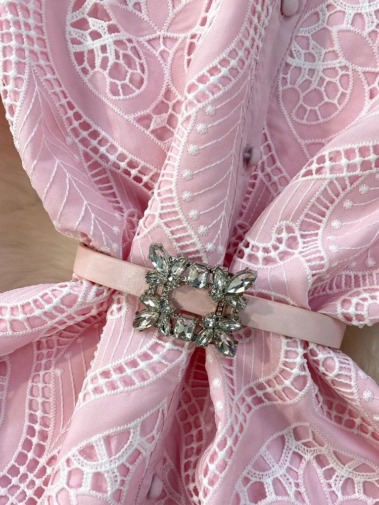 벨트와 고품질 수 놓은 레이스 셔츠 드레스 여성 속이 빈 2025 여름 우아한 긴 소매 미니 드레스 INKEO 5D107