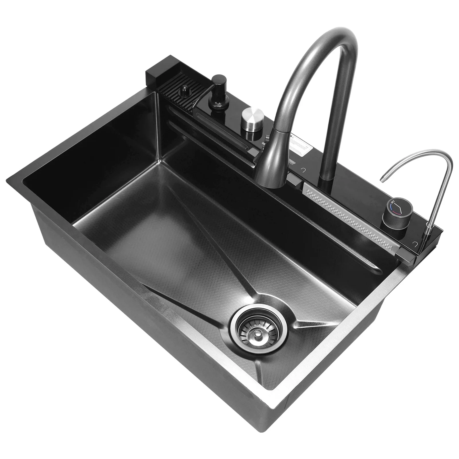 

Honeycomb Workstation Sink Digital Display Nano Raindance Waterfall Sink with Pull-Out Swivel Faucet With Pressurized Cup Washer